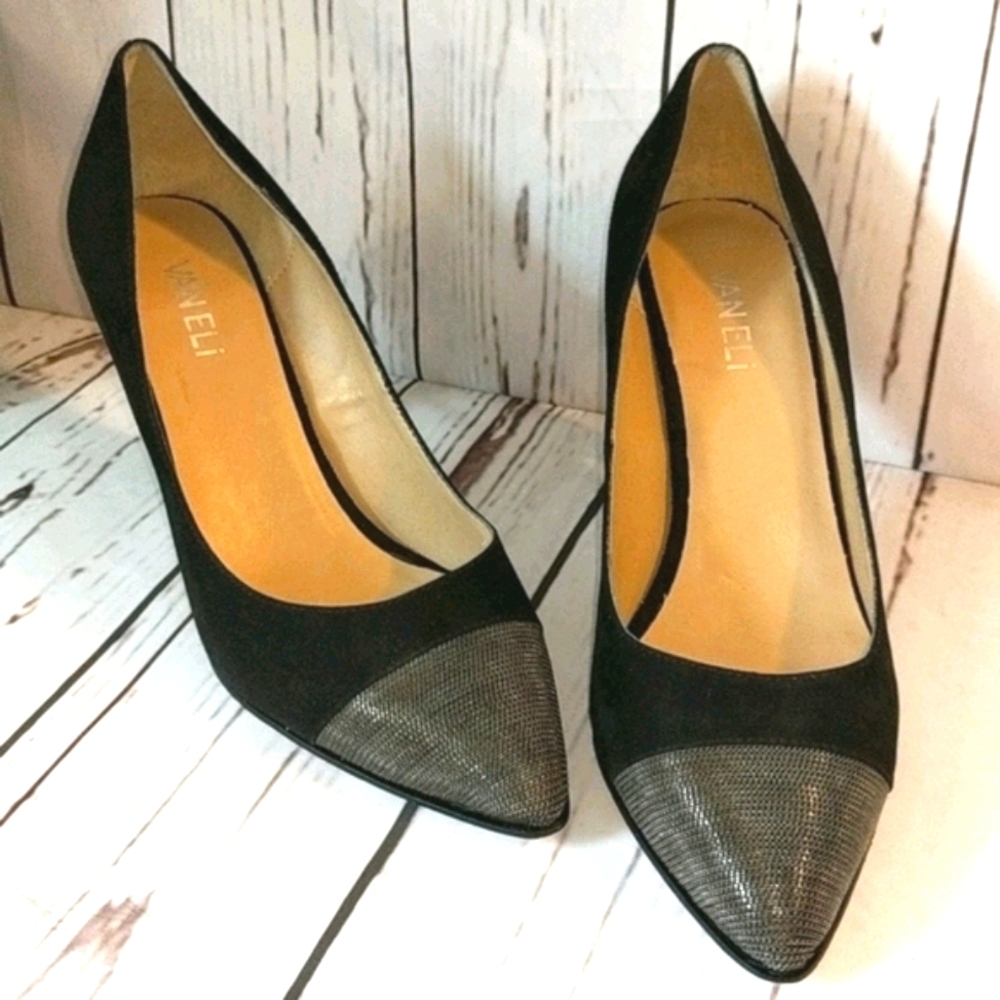 VanEli Anabel Black Suede Chain link Cap toe Heels